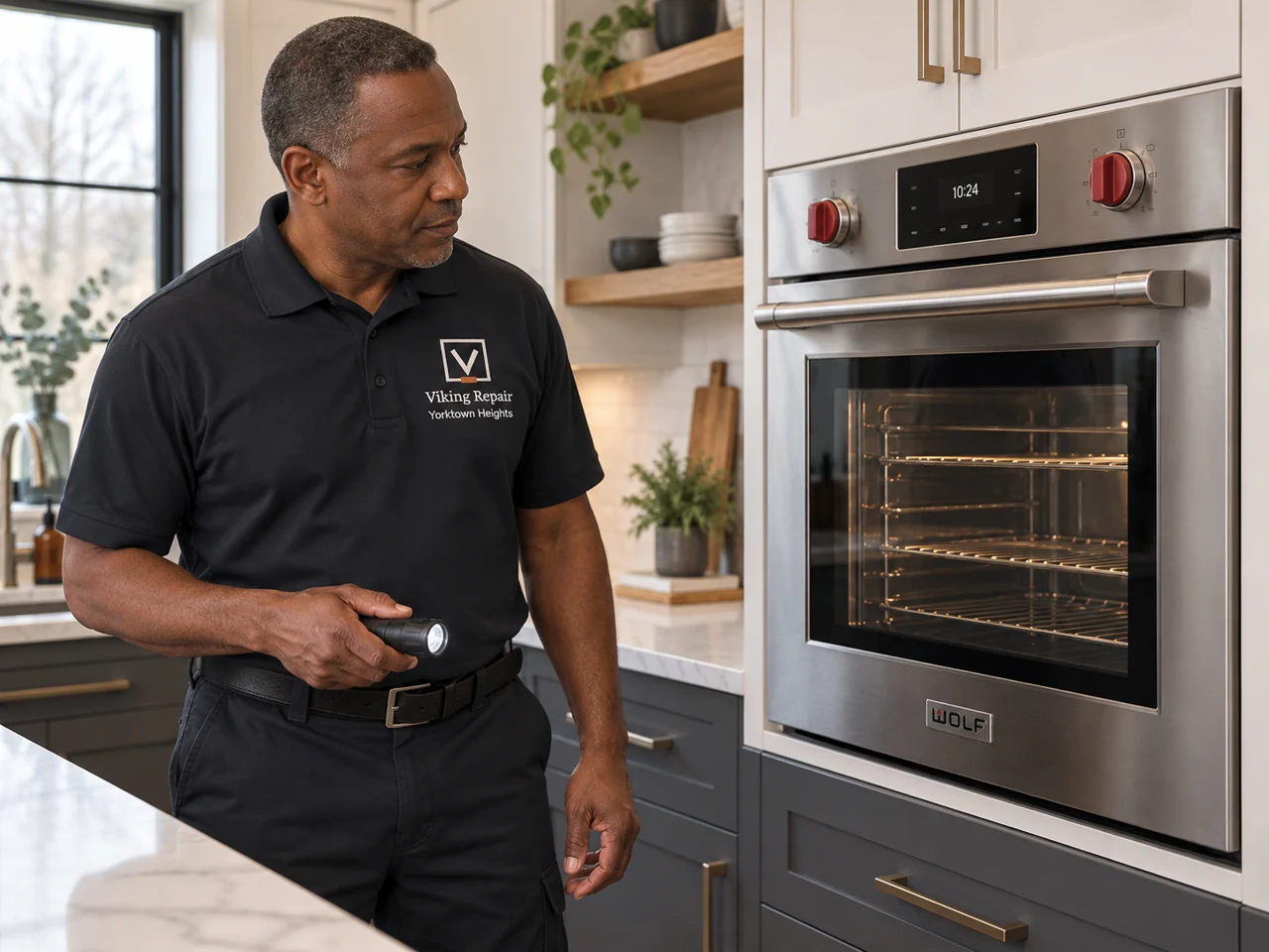 AI illustration of an appliance technician wearing Viking Repair Yorktown Heights branding