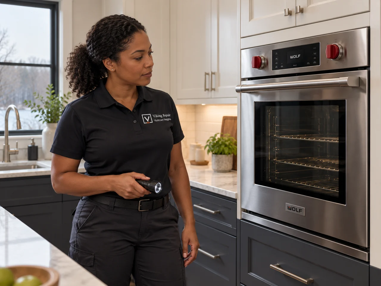 Illustration of a technician wearing the Viking Repair Yorktown Heights logo beside a Wolf oven