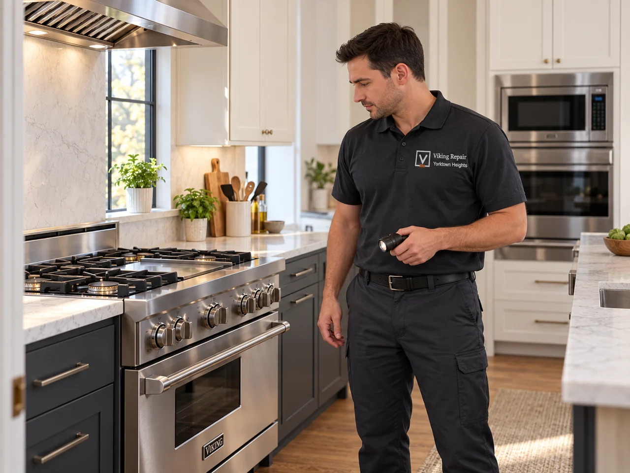 Illustration of a technician wearing the Viking Repair Yorktown Heights logo beside a Viking range